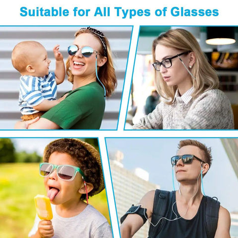 5 Pack Premium Leather Eyeglass Straps in use by adults and children in various outdoor and indoor settings.