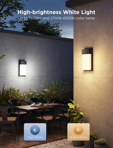 Next Level Outdoor Wall Lights Two Pack Smart RGBIC Porch Fixtures Hella Bright Waterproof Patio Bulbs App Controlled illuminated porch area at night.