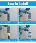 Blue universal faucet hose adapter with silicone sleeve on faucet, secured with stainless clamps.
