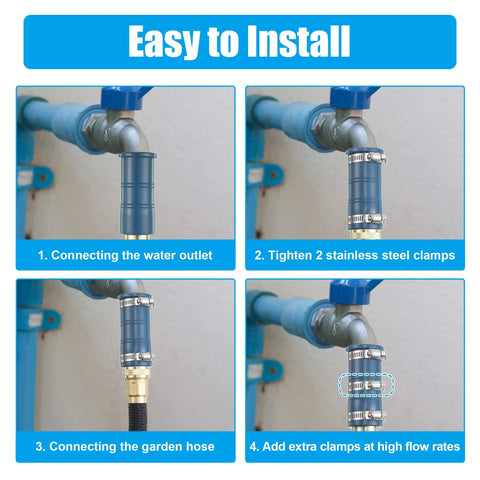 Blue universal faucet hose adapter with silicone sleeve on faucet, secured with stainless clamps.