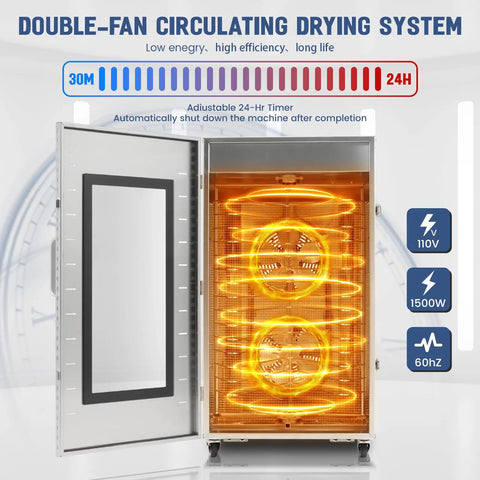 Heavy Duty 16 Trays Commercial Food Dehydrator For Making Sweet Beef Jerky And Dried Fruit All Week Long Without Breaking A Sweat Featuring Stainless Steel Racks And A Reliable 1500 Watt Motor with double-fan drying system
