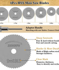 6-piece HSS mini saw blades with adaptor handle, showing sharp teeth and size details, part of 47 Piece Woodworking Tools And Accessories Set