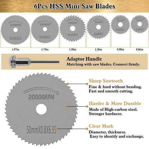 6-piece HSS mini saw blades with adaptor handle, showing sharp teeth and size details, part of 47 Piece Woodworking Tools And Accessories Set