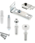 Bi-Fold Door Hardware Repair Kit With Top And Bottom Brackets Pivots And Guide Wheel For One Inch To One And Three Eighths Inch Thick Doors Up To Fifty Lbs Zinc Finish DIY Friendly Closet Door Fix, showing components set with screws and brackets.