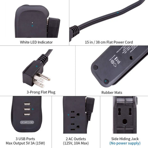 Two Pack USB Power Strip With 2 Outlets And 3 USB Ports, Go-To Travel Ready Desktop Charging Station details and features