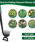 Weed Remover Tool for Gardening, Portable Weeder with 6 Teeth, Stainless Steel, showing weeds and sharp edge detail