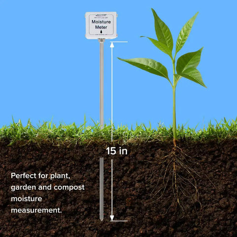 15 Inch Garden And Compost Moisture Meter With Stainless Steel Stem Long Probe For Soil Plant Lawn Farm Use, Instant Read Calibratable 0-10 Wetness Scale next to plant