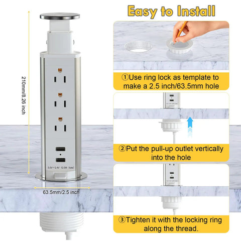 Installation guide for Pop Up Power Outlet for Countertop with 3 AC Outlets and 2 USB Ports, showing setup steps on marble surface.