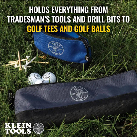 Stand Up Zipper Tool Bags Set With Carabiners, 7 Inch Blue and 14 Inch Gray Pouches, on grass with tools and balls