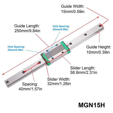MGN Type Guide Rail Kit For Pro Grade Linear Motion With High Precision And Smooth Friction 100-600mm Adjustable Length For CNC And 3D Printers With One Rail And One Slider MGN15H 100mm showing dimensions and features.