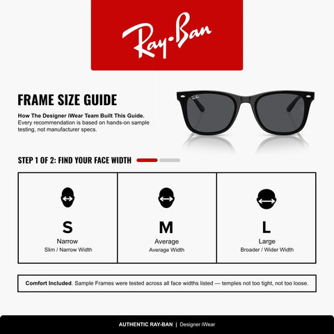 Ray-Ban frame size guide with small, medium, large fit options displayed with black sunglasses illustration.