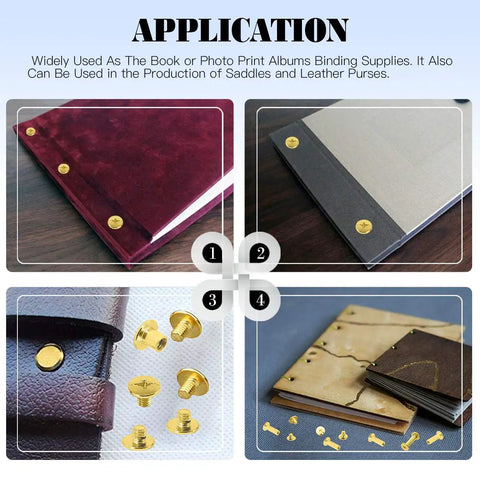 Premium Pro Grade Chicago Screws Assortment Kit M5 Brass Plated used in various craft projects and leather items.