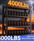 Tough As Nails Four Tier Heavy Duty Garage Shelving And Reinforced Steel Storage Rack With Locking Pins, holding tires, 4000 lbs capacity.