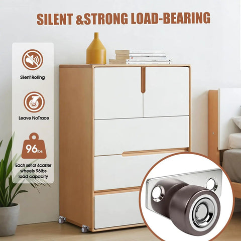 8 Pack Side Mount Rigid Caster Wheels 1 Inch Mini Fixed Low Profile Small Rubber Casters shown on wooden furniture