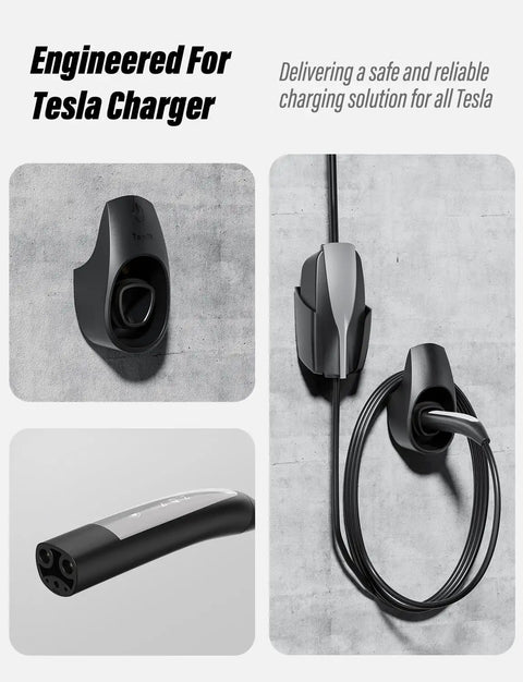 Tesla EV Charger Holder Wall Mount Kit With Cable Organizer And Charger Slot NACS Compatible Dock shown in garage setup.