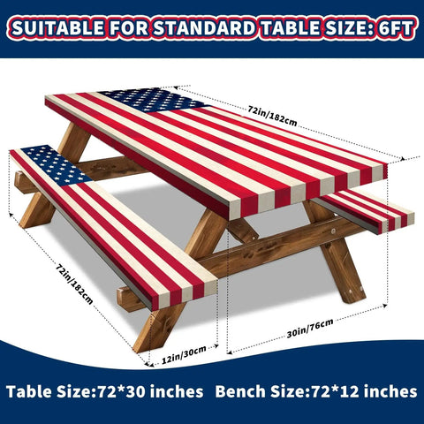 Vintage Patriotic American Flag Picnic Table Cover Set With Bench Covers Waterproof Outdoor Tablecloths For 6 Foot Tables 72x30 And 72x12 Memorial Day And Fourth Of July Decor