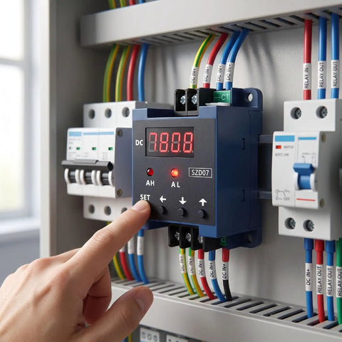 Hella Responsive DC Digital Amp Meter Shows Zero Point Three To Fifty Amperes On Sharp LCD Screen While Running Real Time Monitoring Plus Smart Relay Triggers For Tight Workshop Builds Smooth EV Swaps And Deckboat Mods, with user pressing set button.