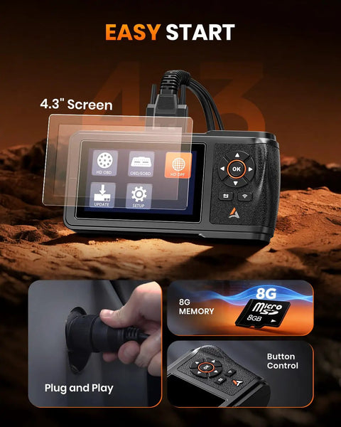 Heavy Duty Truck Diagnostic Scanner With DPF Regen And Forced Reset For Paccar And Detroit Engines showing 4.3" screen and features