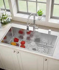 Drop In Top Mount Stainless Steel Kitchen Sink Pack Of Four 30 By 22 Inch Deep 16 Gauge Deep R10 Radius Single Bowl Two Hole Kit With Accessories Plus Mounting Hardware Included shown installed with faucet and dishes
