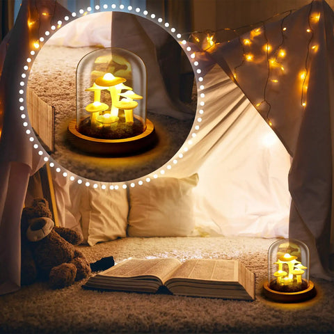 Mushroom Night Light In Glass Dome With Wooden Base LED Decor Lamp For Home Bedroom Office Wedding Party Valentine Gift Small Size Cozy Ambient Glow For Any Room