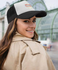 Woman smiling outdoors wearing breathable womens running hat with low profile unstructured fit dope adjustable buckle six vent eyelets.