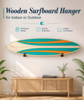 Premium Solid Pine Wood Wall Mount Surfboard Rack Hanging System For Indoors And Patios With A Gnarly Smooth V Shape Cradle And Legit Storage Setup For Longboards And Paddleboards, showcasing board mounted on wall.