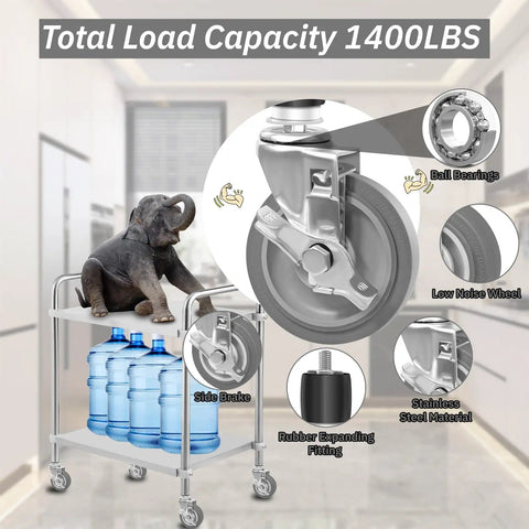 Top Notch Prep Table Casters 6 Inch Rising Expanding Stem Swivel Wheels Set Of 4 With Slam Lock Brakes on kitchen cart, 1400 lbs capacity.