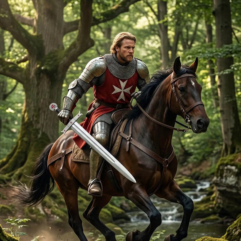 Foam Crusader Knight Sword Prop For LARP And Theatrical Cosplay, 17 Inch Medieval Sword on knight riding through forest