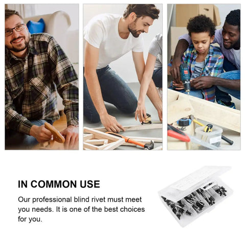 People using Aluminum Blind Rivet Kit With Burr Free Pull Rods, 120 Piece Assortment for heavy duty projects, tools visible.