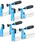 Beefy 6 Inch Steel Bar Clamps Set Four Pack Quick Release F Clamps Medium Duty With 600 Lbs Load Capacity displayed in blue steel