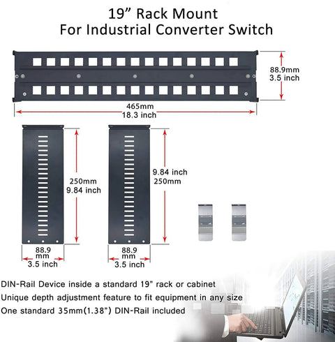 Universal 2U 19 Inch Rack Mount Kit For DIN Rail Devices With Adjustable Depth Includes 1.38 Inch DIN Rail Track Simplified Mounting
