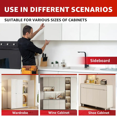 Man installing cabinet doors using Top Shelf Adjustable Cabinet Door Positioning Jig, No Sweat Install Game Changer For Frameless Or Face Frame Cabinetry.