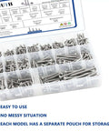 Stainless Steel Wood Screws Kit With 550 Pieces, 18 Common Sizes From Size Four To Size Twelve in organized storage box