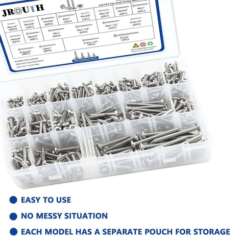 Stainless Steel Wood Screws Kit With 550 Pieces, 18 Common Sizes From Size Four To Size Twelve in organized storage box