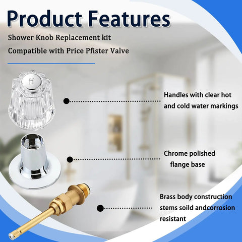 Two Piece Bathtub Shower Knob Rebuild Kit With Clear Acrylic Handles Stems Seats And Flanges For Hot And Cold Water No Fuss Upgrade For A Smooth Leak Free Shower with clear acrylic handle and brass stem on display.