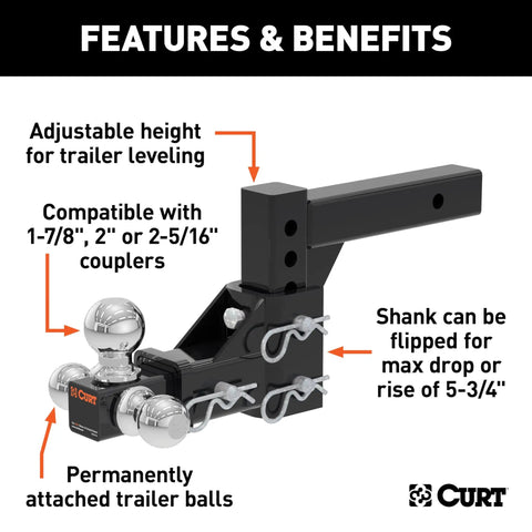 Three Ball Trailer Hitch Mount With Adjustable Shank For One Seven Eighths Inch, Two Inches Or Two And Five Sixteenths Inches Couplers
