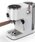 Solid Build Semi Automatic Espresso Machine With 58mm Portafilter And Dual Boiler For A Hit The Spot Nine Bar Pull Compact Countertop Coffee Maker With Steam Wand For Your Daily Grind, featuring sleek white design and wood accents.