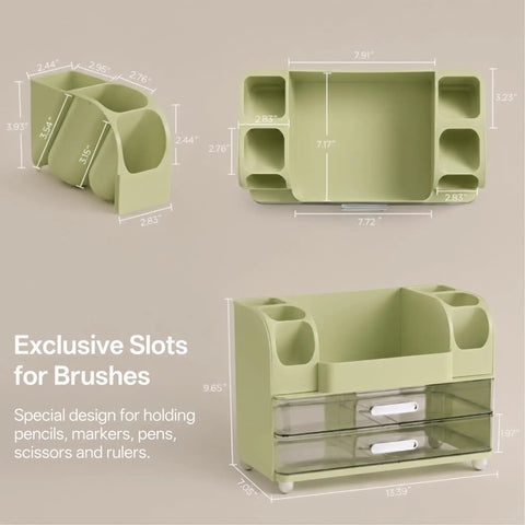 Spacious Desk Organizer With Pencil And Pen Holder 2 Drawers And Side Compartments Desktop Storage For Office Home School Art Supplies In Green shown with dimensions and compartments