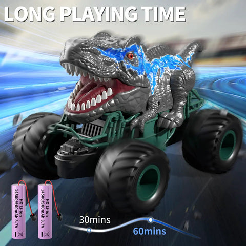 Epic 2.4GHz RC Dinosaur Car With Light Sound And Sprayer Indoor Outdoor Kids Toy showcasing dinosaur design and wheels