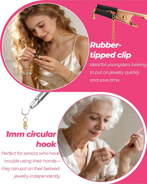 Young and elderly women using Bracelet Helper Tool Set With Retractable Hooks And Non Slip Clips For Necklace Jewelry And Watch