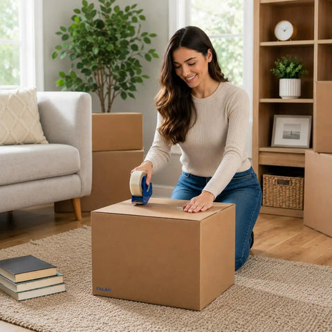 Person sealing 12 By 8 By 10 Inches Corrugated Cardboard Shipping Boxes 30 Pack for Packing Mailing Storage And Moving Needs at home