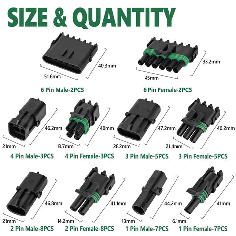 Assorted plugs from Waterproof Automotive Electrical Connector Kit With 376 Pieces 25 Kits 1 2 3 4 6 Pin Male and Female Plugs