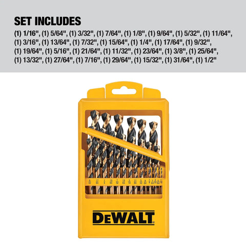 29 Piece Drill Bit Set High Speed Steel With 135 Degree Split Point Black Oxide Coating Optimized Helix Tapered Web For Durable Wood Metal Plastic 3 Flats Shank Size Markings Heavy Duty Kit