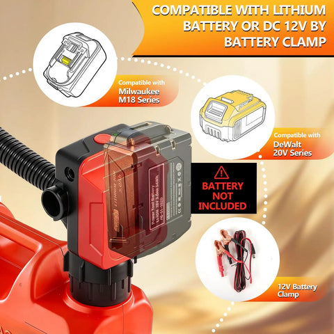 Cordless Fuel Transfer Pump 5 GPM With Auto Stop And Hand Nozzle, shown with battery options and warning of battery not included.