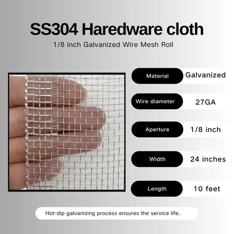 One Eighth Inch Hardware Cloth 24 Inches By 10 Feet Galvanized Wire Mesh Roll shown with specifications and close-up detail