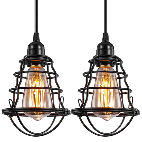 Industrial Edison Pendant Light 2 Pack With Adjustable 47.2 Inch Cord And Cage Shade E26 E27 Base Vintage Hanging Lamps