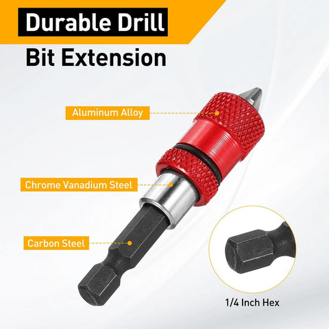 Front view of red aluminum magnetic bit extension with 1/4-inch hex shank and carbon steel bit.