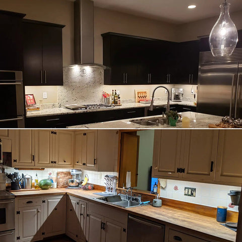 Modern kitchen with dimmable under cabinet lighting kit with plug in or hardwired driver, enhancing workspaces with daylight 5000K.