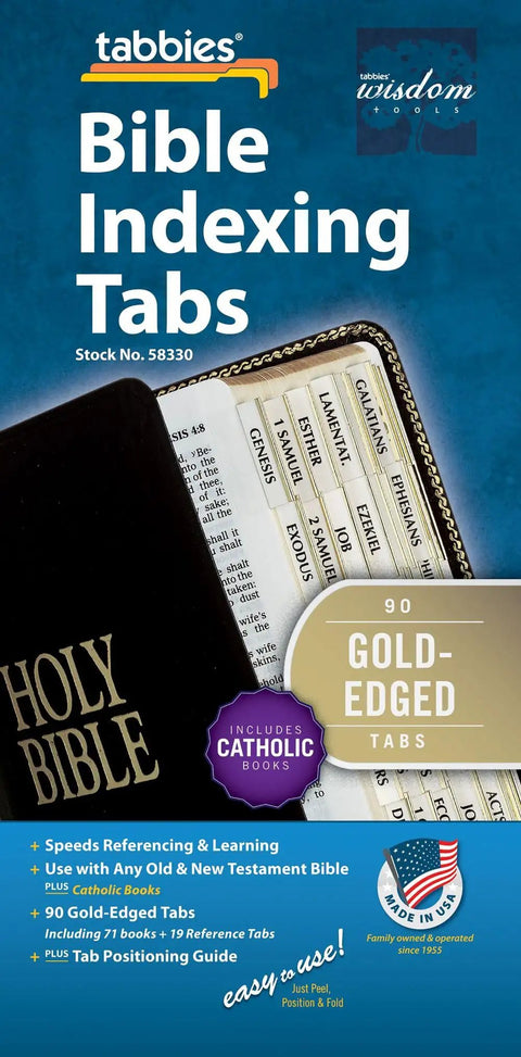 Slick Gold Edged Self Adhesive Bible Tabs For Old And New Testament Plus Catholic Books Quick Reference Page Markers on packaging.