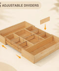 Expandable Bamboo Drawer Organizer Set With 10 Adjustable Compartments And 2 Sliding Extensions, showing dividers and extensions.